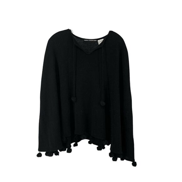 Nina Leonard Poncho Black Wool Blend Faux Fur Pom Pom Trim Size M Boho Sweater - Picture 1 of 5